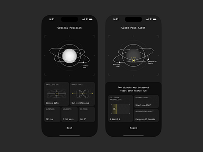 Satellite Space App alert app application collision cosmos graphic design ios mobile orbit product satellite space velocity web