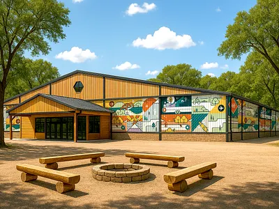 Explore Austin Capital Campaign architecture exterior geometric line art mural non profit outdoors