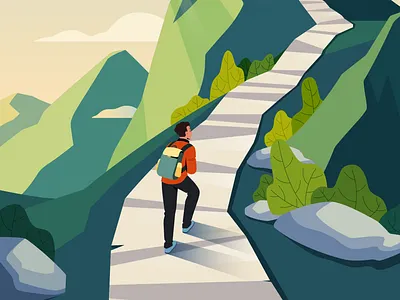 Business Illustration for Sunliky - 3 character climb hike hiking holiday illustration man mountain travel trip vector walk