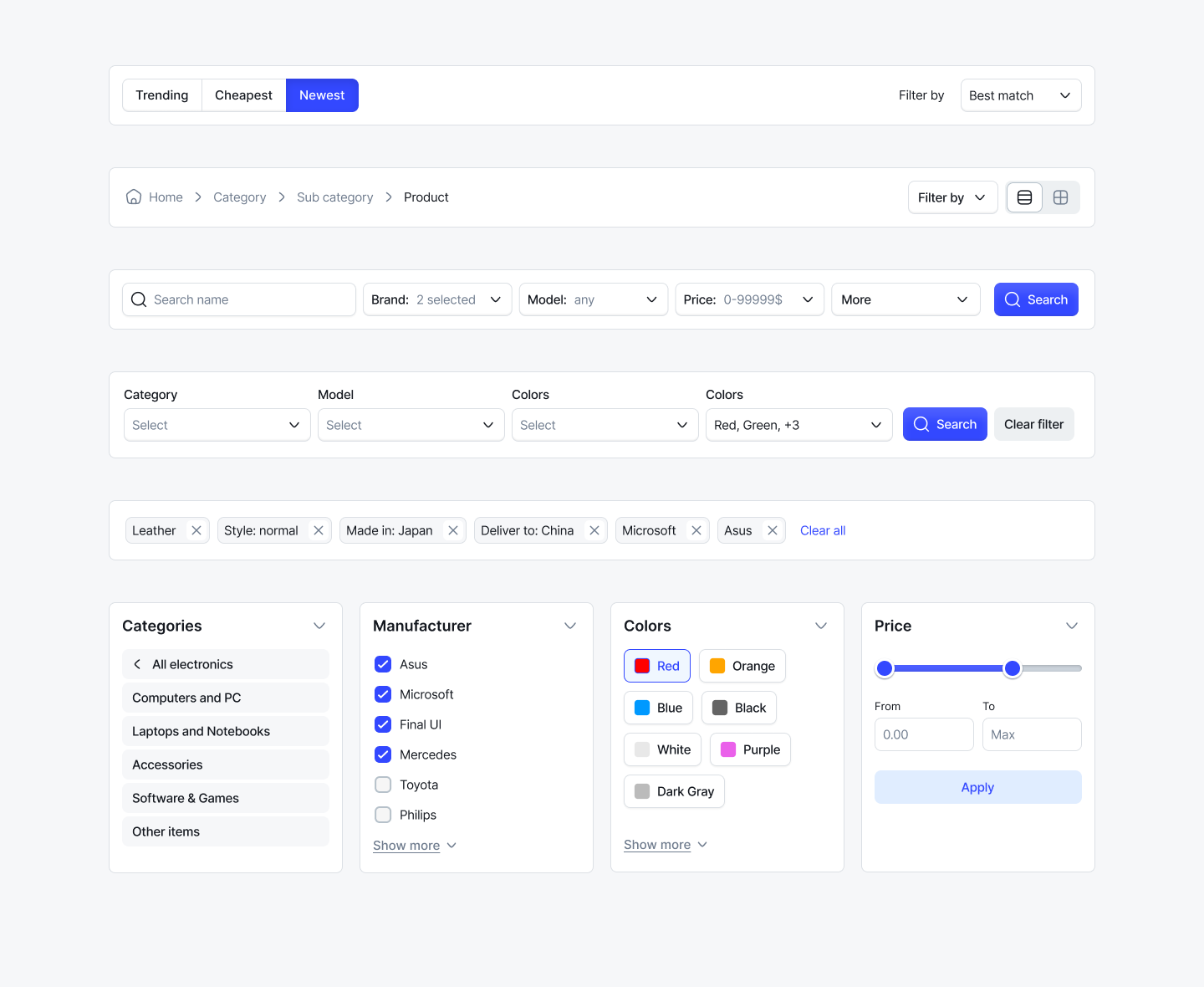 Filter and sort for ecommerce categories chekboxes ecommerce filtering filters product filter saas widgets