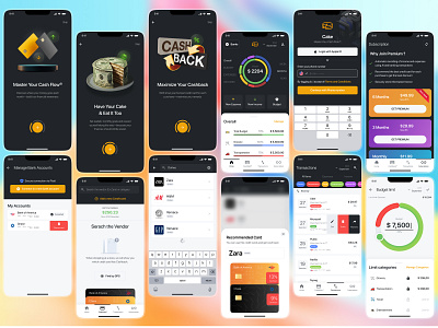 UI/UX Design for Cake Club App – USA 3d accounting app bank budget cards cashback chart colorful dark dashboard financial home page ios login mobile money management onboarding subscription transaction