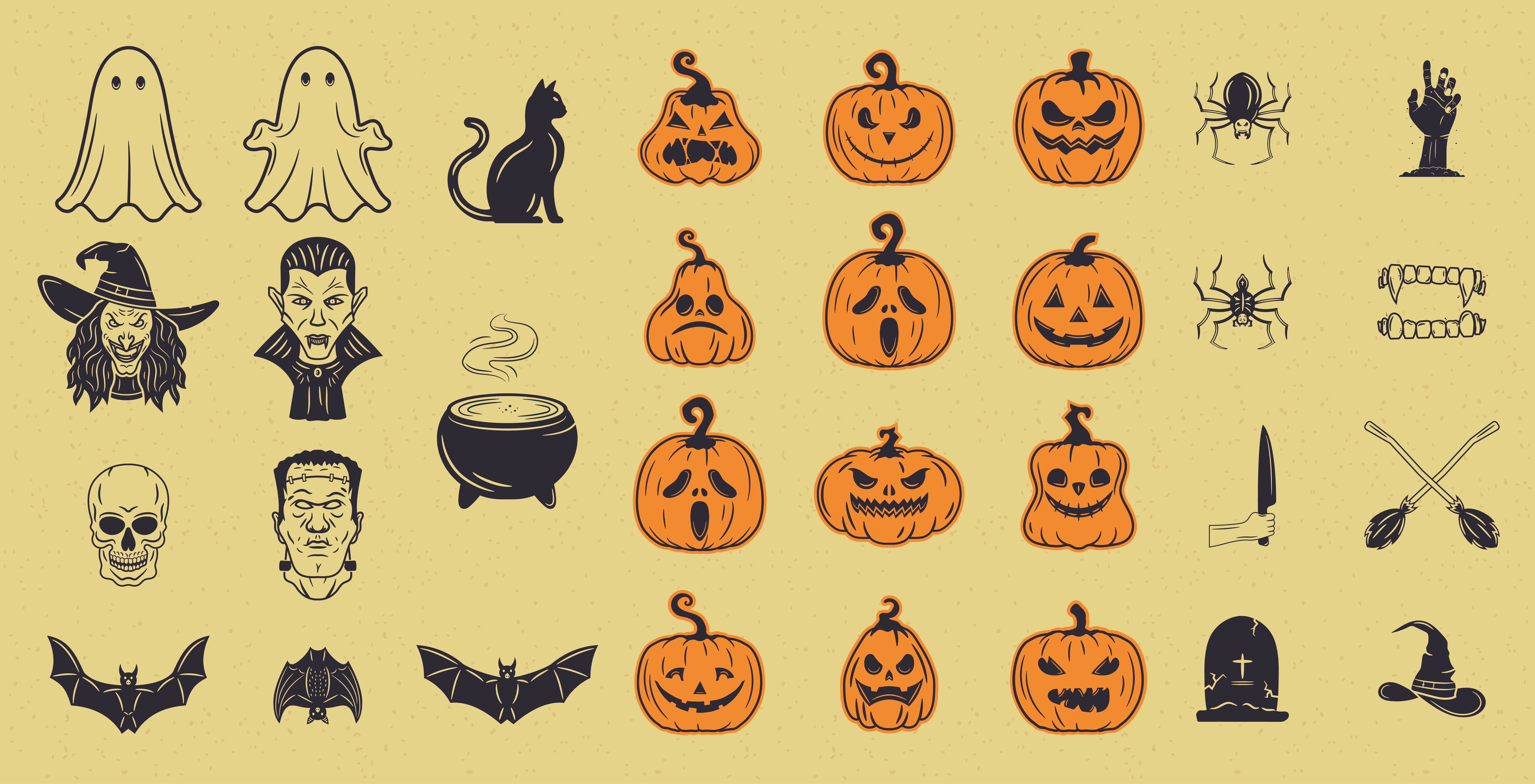Creepy Cute Halloween Kit banner bat branding creepy design flatdesign ghost graphicdesign halloween halloweenicons halloweenpack holiday icons illustration logo pumpkin retro spooky vector witch