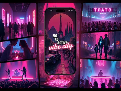 VibeCity — City Guide App app app mobile city guide app design event app neon onboarding regestration retro wave ui user journey ux