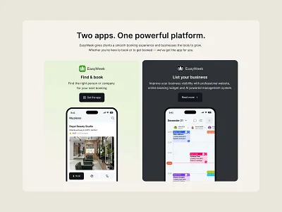 Two apps. One platform appointment apps booking calendar catalogue comparison crm ecosystem presentation saas side to side ui ux