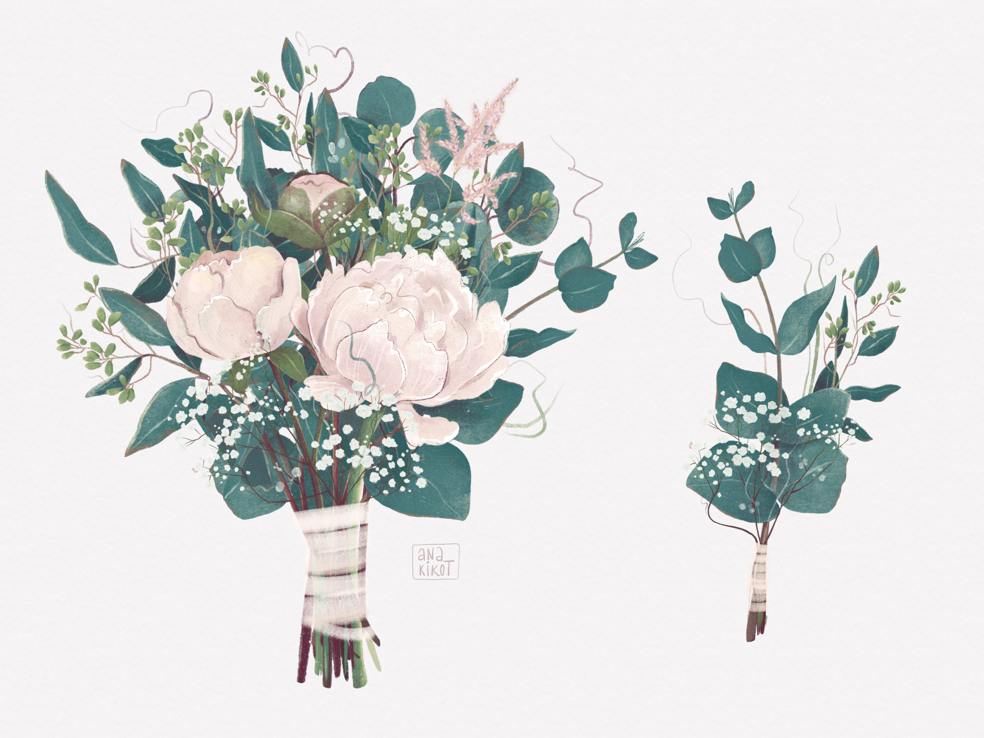 Gentle Wedding Florals – Peonies & Eucalyptus art botanical bouquet boutonniere calm card elegant eucalyptus floral flower greenery gypsophila hand drawn illustration invitation peony texture watercolor wedding wedding design