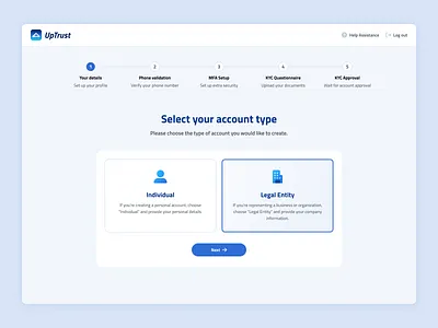 UpTrust - Account Setting Progress components flat design minimal process progress questionarie select step stepper survey ui ux walkthroughs web design wizard workflow