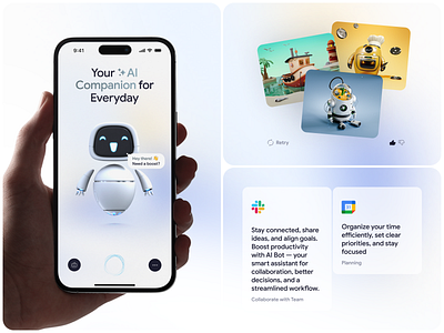 Mobile App Design AI Companion 3d illustration ai assistant app concept app design calendar app chatbot ui clean ui daile planner digital assistant futuristic interface mobile app design product design productivity app slack integration user experience