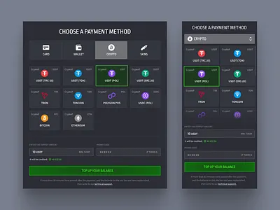 Payment Pop-up – CS2 cards crypto cryptocurrency cs2 csgo deposit gambling gaming ui igaming money pay payment pop up responsive transaction wallet withdraw