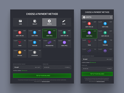 Payment Pop-up – CS2 cards crypto cryptocurrency cs2 csgo deposit gambling gaming ui igaming money pay payment pop up responsive transaction wallet withdraw