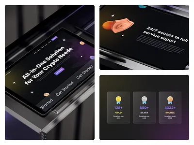 Crypto Landing Page bitcoin blur crypto dark donation glass glass effect gradient graphic design illustration landing page medal minimal web design web3