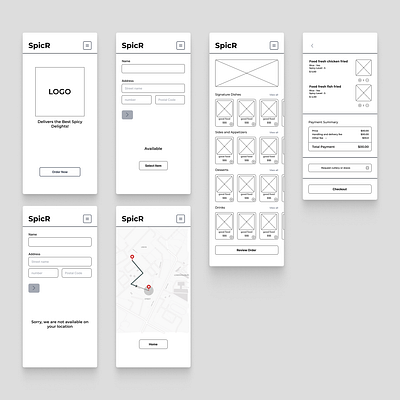Low-Fidelity of SpicR | Food Delivery apps app structure app wireframe delivery app figma wireframe food delivery app lo fi wireframe low fidelity mobile app ux mobile ui mobile wireframe product design prototype design ui ux project user flow ux concept ux design ux exploration ux process wireframe wireframe design