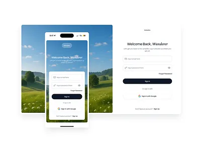 Nomaden. - Login Page authscreen calmdesign campingapp cleanui dribbbleshowcase green lightmode loginpage loginregister loginui minimalism nature nomaden responsive uiexploration uiuxdesign whitespace