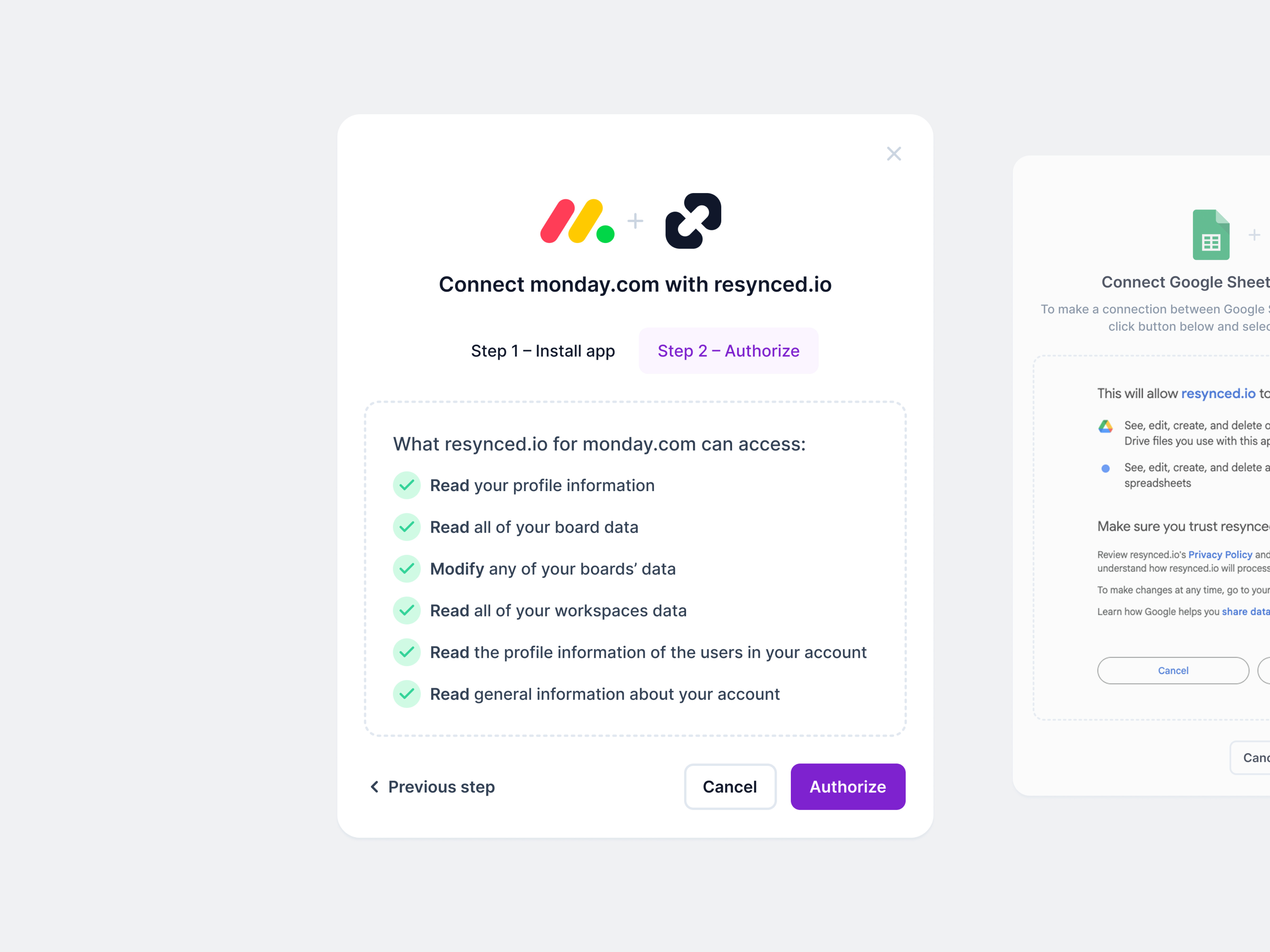 Connect integration popup - resynced.io / Saas app automation autorize clean connect data integration interface list modal monday.com permissions popup sync synchronization tool ui web