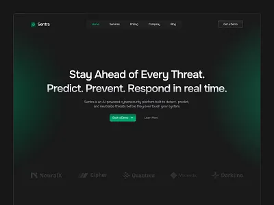 Sentra - AI Cyber Security SaaS Landing Page aiux bentogrid cleandesign cybersecurity darkui dashboardui figmadesign greenaccent interfacedesign landingpage landingpagedesign modernui realtimemonitoring saasdesign securityplatform techui uidesign uxdesign webdesign