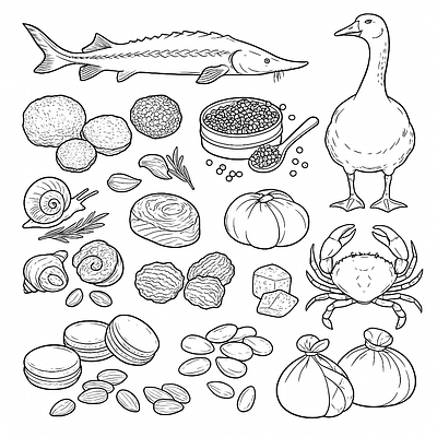 Beluga fish, caviar tin, goose, truffles, escargot branding coloring book page coloring page design graphic design illustration line art logo vector