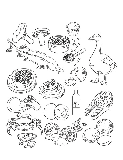 Beluga fish, caviar tin, goose, truffles, escargot branding coloring book page coloring page design graphic design illustration line art logo ui vector