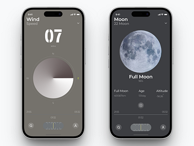 Lunar & Wind Tracker — Minimal Weather UI cleandesign darkmodeui datavisualization designinspiration dribbbleshot iosdesign minimalui mobiledesign moonphase uidesign weatherapp windtracker