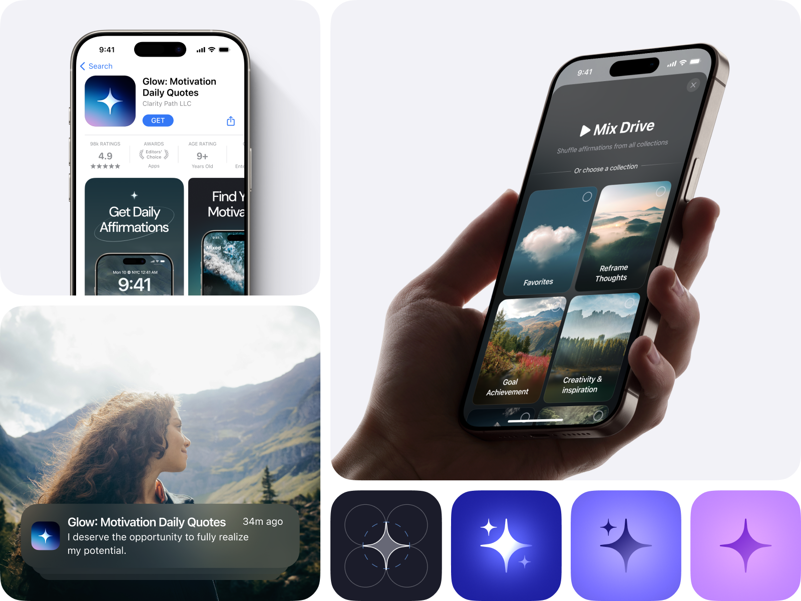 Affirmation App – The Complete Story affirmations app design app store branding cards design graphic design icon ios logo mobile app mockup modern notifications screenshots showcase typography ui ux