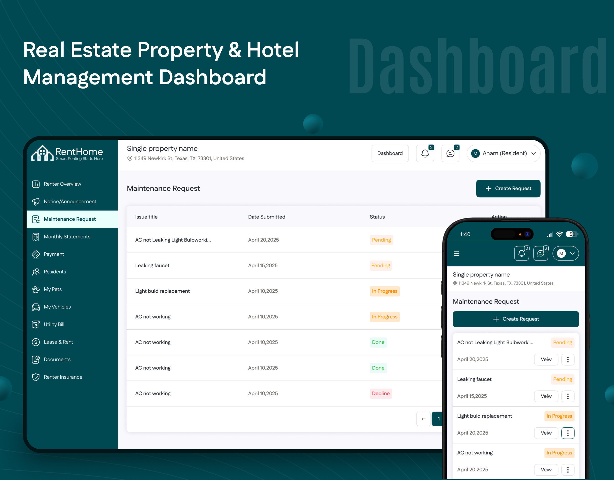 Real Estate Property & Hotel Management Dashboard real estate web design