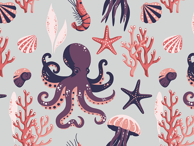🌊 Sea World – Seamless Pattern beach inspires coral coral reef cute pattern jellyfish marine illustration nautical ocean illustration ocean vibes octopus sea life sea pattern seamless pattern seashell shrimp starfish summer design tropical vibes under the sea vector illustration
