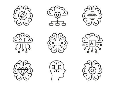 Human Brain AI Concept Black Line Icon Set mental