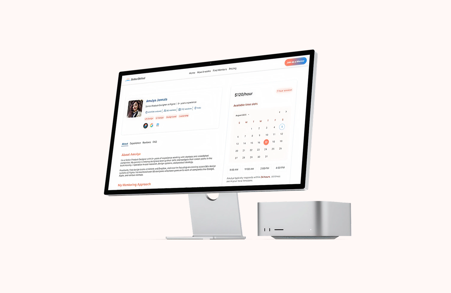 BetterSkilled Mentor Profile: Connecting Learners & Mentors app design book session calendar design experience mentee mentor page mentor session mentors mentorship mentorship ui schedule schedule ui sessions ui ui design ux web web app web ui