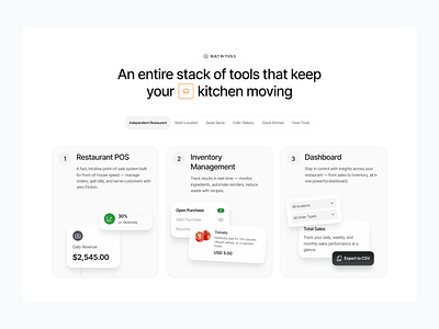 Features Section – All-in-One Restaurant SaaS branding cooking product dailyui features section kitchen design landing page marketing restaurant saas ui ux ux design web design website design