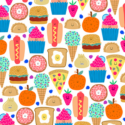 Happy Food Illustrated Pattern burger dumpling food fruit ice cream illustration pattern pizza surface design