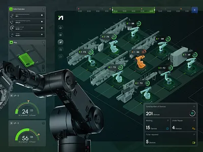 Smart Factory Dashboard – Robotics, Analytics & Monitoring analytics ui animation clean ui control system dashboard designer data visualization graphic design hmi industrial ui interactions live data ui machine control process optimization rela time monitoring robotics smart factory tech interface web app ui