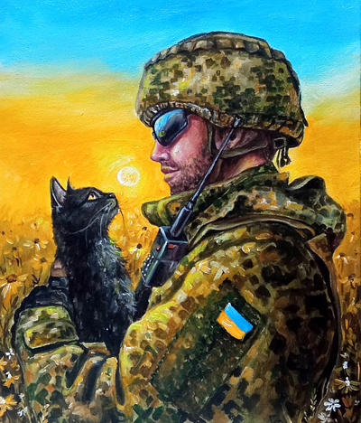 Ukrainian War Art – Soldier and Cat in Field – Original Acrylic art cat hand painted paint painting soldier ukraine war