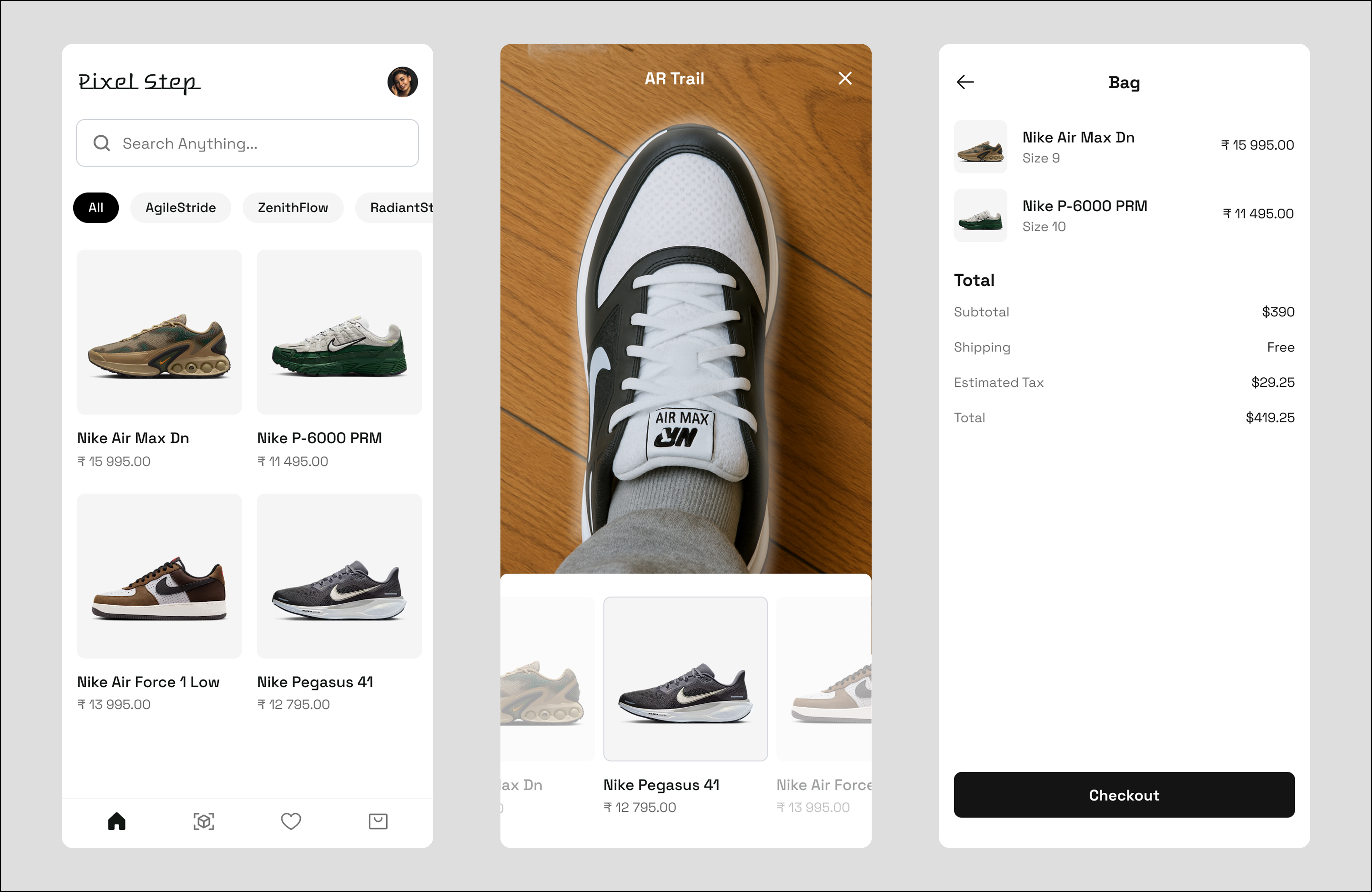 Pixel Step — Elevate Your Shopping with AR Trail 👟✨ 2025 appconcept appdesigner appshowcase arexperience cleandesign creativeprocess designinspiration designsystem dribbbleshots ecommerceapp minimaldesign mobileappdesign modern trendy modernui productdesign shoppingapp sneakerapp uidesign uxdesign