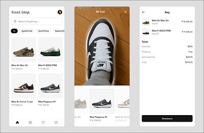 Pixel Step — Elevate Your Shopping with AR Trail 👟✨ 2025 appconcept appdesigner appshowcase arexperience cleandesign creativeprocess designinspiration designsystem dribbbleshots ecommerceapp minimaldesign mobileappdesign modern trendy modernui productdesign shoppingapp sneakerapp uidesign uxdesign
