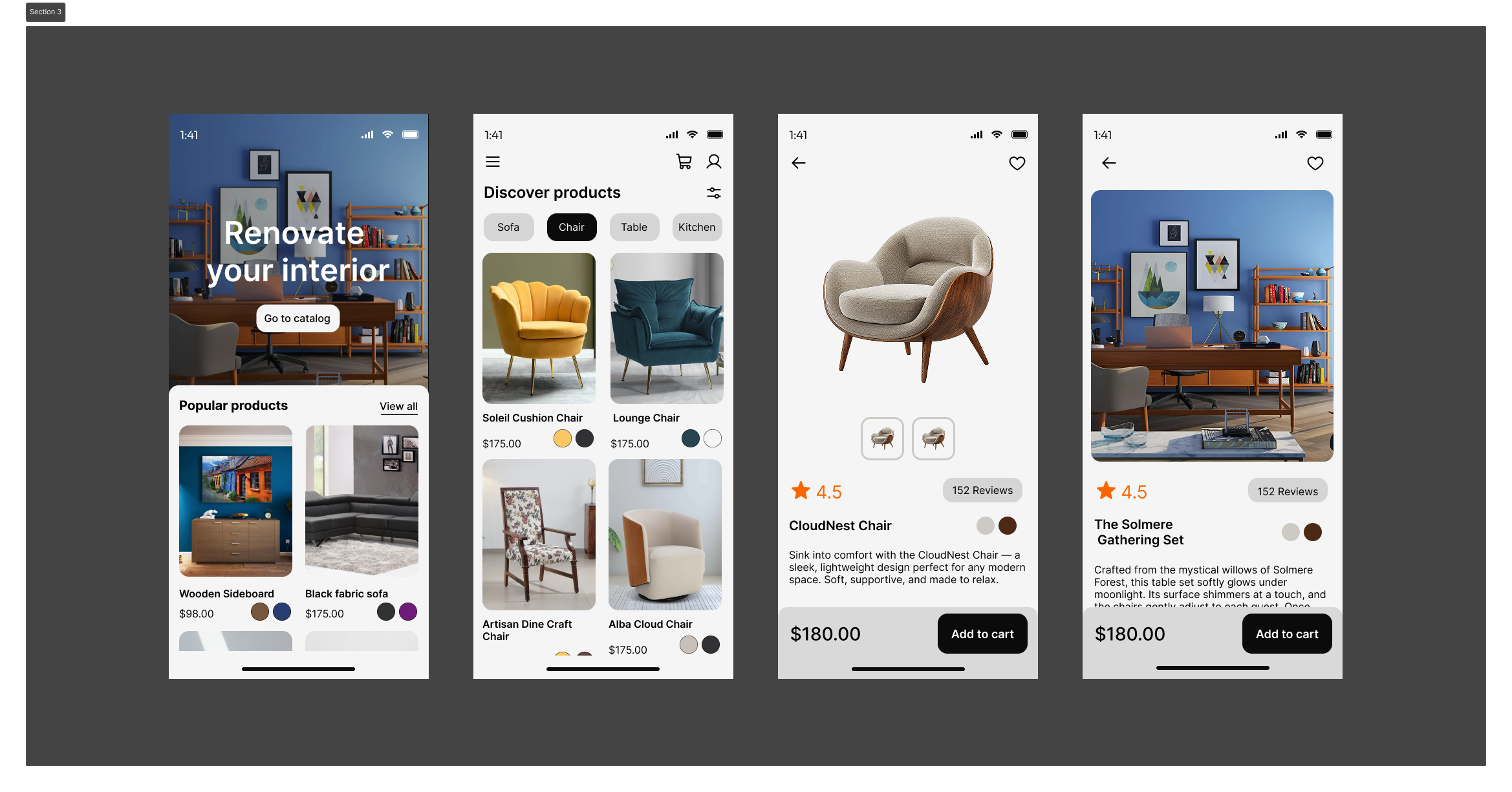 Online Furniture Store app furniture shopping ui ux