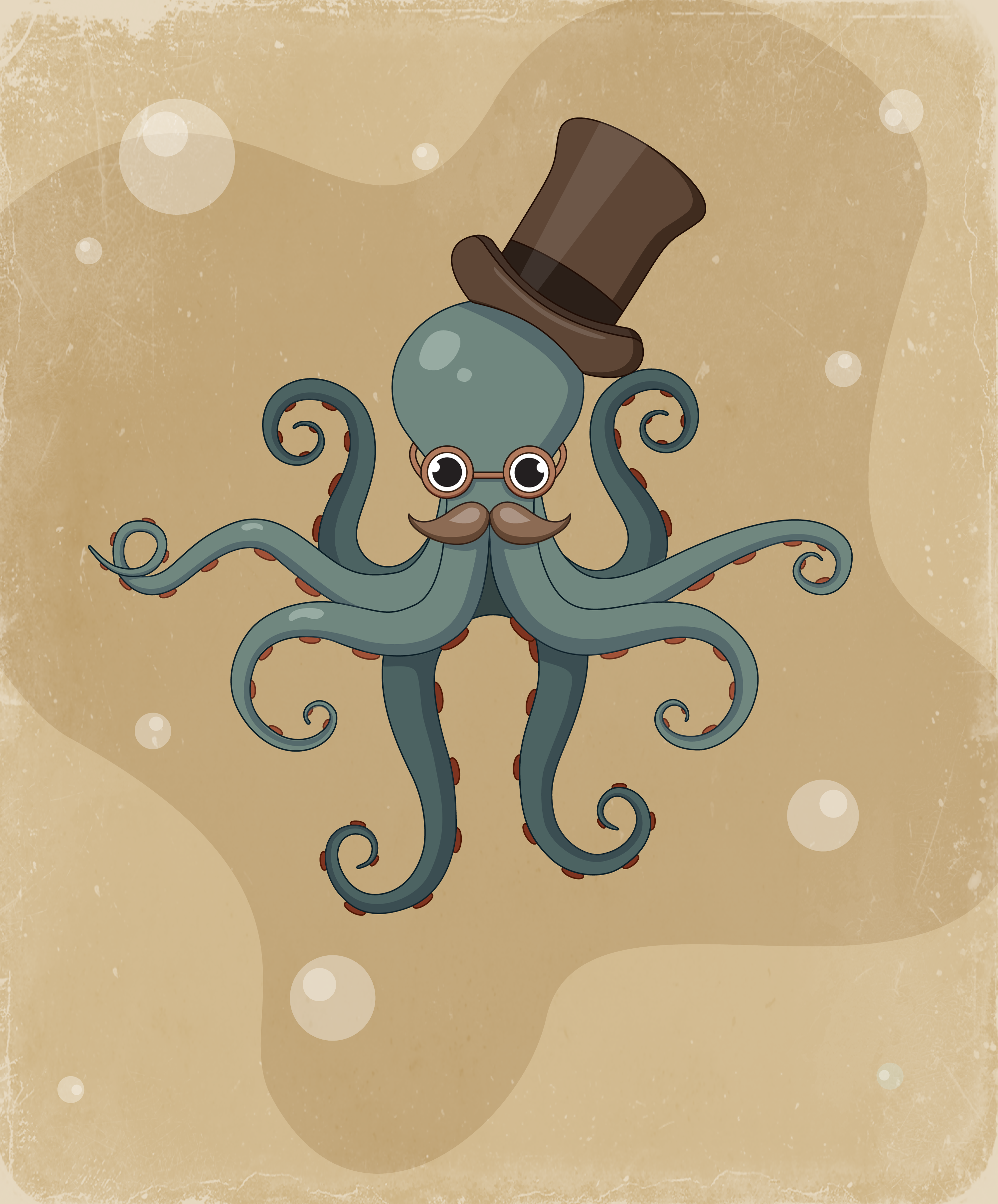 Grandpa octopus cute flat design funny character gentleman glasses hat illustration octopus vector vintage