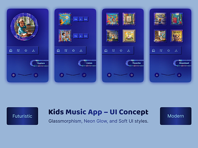 Kids Music App – Neuro-Friendly Glass UI bright ui child friendly children ui clay ui cognitive design colorful app creative app dark theme app figma design futuristic ui glassmorphism interactive ui kids app mobile app ui music app neon ui playful design rounded ui soft ui ux for kids