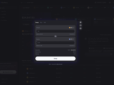 Crypto Swap Card: Token Exchange Modal with Fee Breakdown blockchain crypto crypto app crypto dashboard crypto exchange crypto swap cryptocurrency dark mode dashboard exchange modal product design realtime saas swap token trade web app web design web3