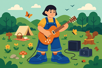 Flat Vector Character Playing Guitar in Nature – Illustration camping vibes cartoon vector character design childrens book art colorful art digital illustration flat character flat illustration flat style forest background girl with guitar guitar player illustration design music illustration nature illustration outdoor scene peaceful scenery summer camp vector art vector character