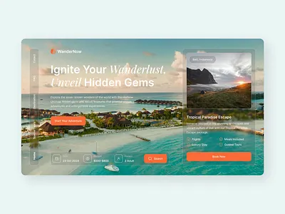 WanderNow – Travel Hero Section Figma adventure awaits booking section destination design explore more ui figma designers figma travel ui hero section design responsive figma travel hero travel start ups travel website ui inspiration ui showcase ui trends wanderlust template web travel inspo