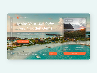 WanderNow – Travel Hero Section Figma adventure awaits booking section destination design explore more ui figma designers figma travel ui hero section design responsive figma travel hero travel start ups travel website ui inspiration ui showcase ui trends wanderlust template web travel inspo
