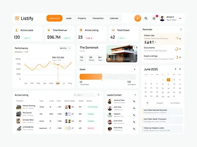 Listify - CRM Real Estate Dashboard animation bar chart chart crm customer dashboard dual axis estate gauge home house list listify real estate slider ui ux
