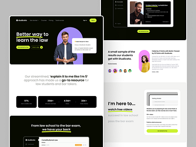 Studicata – UI Style Exploration bar exam bar prep bb agency bold typography fluorescent hero highlights homepage landing page law school learning management software light dark lms minimal spacing students studicata testimonials ui user interface