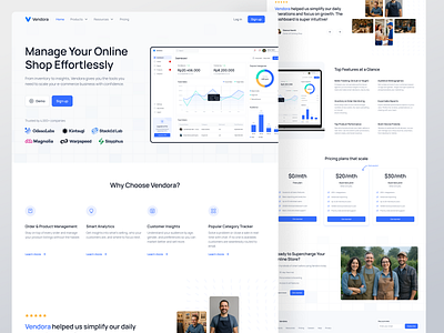 Vendora – E-commerce Landing Page analytics companyprofile dashboard design ecommerce landing page design landingpage management online shop order management product management saas sales tracking ui uidesign uiux ux uxdesign webdesign website