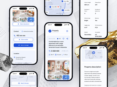 Offer page, mobile views blue app interface mobile app offer page product page property app property page real estate app real estate design real estate ui rental rental app ui ui dsign ux ux design