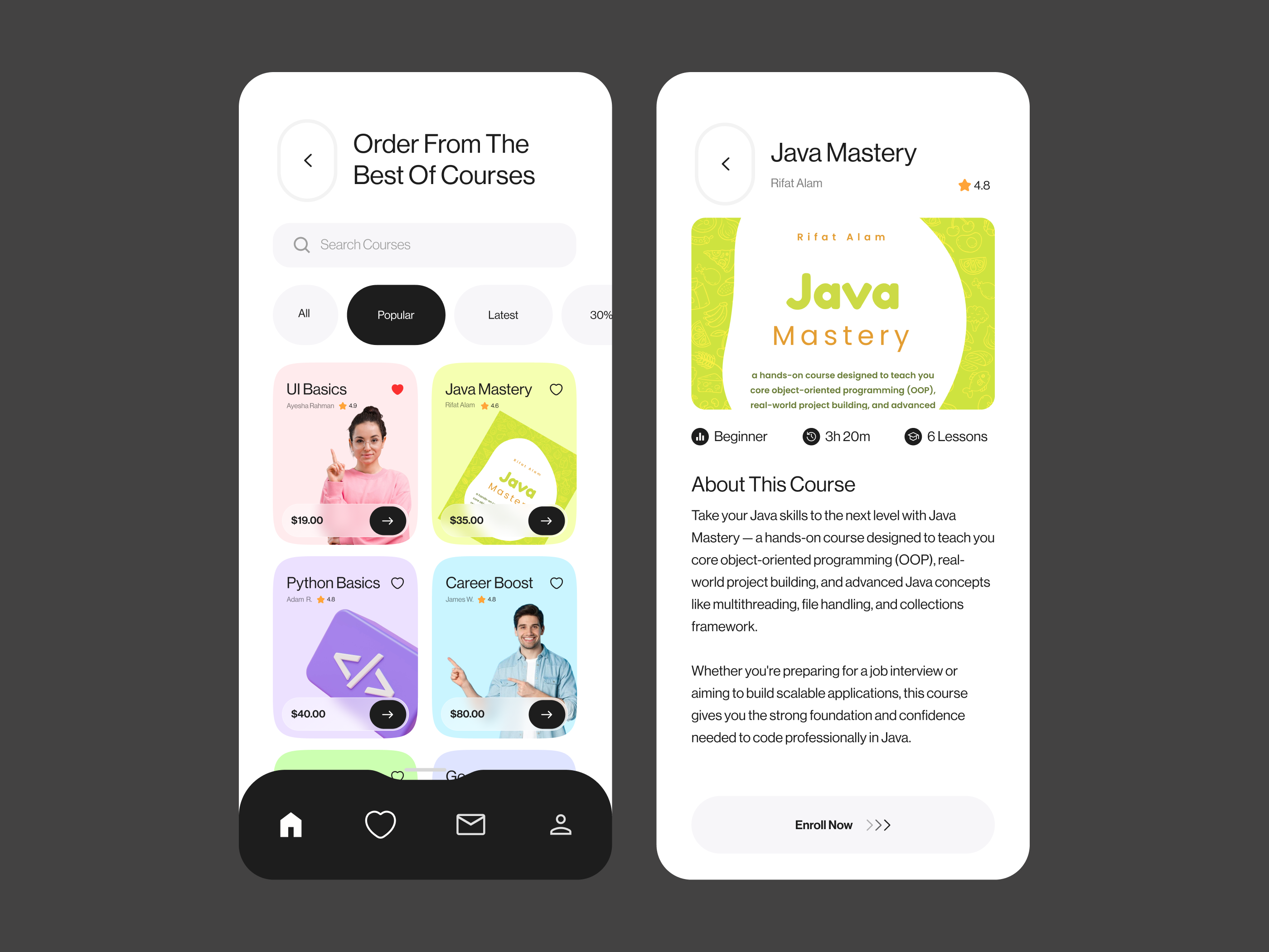 Online Learning App UI app design clean ui coursedesign courseplatform educationapp figmadesign javacourse mobileapp modern ui onlinelearning product designer uiconcept uiuxdesign uxinspiration