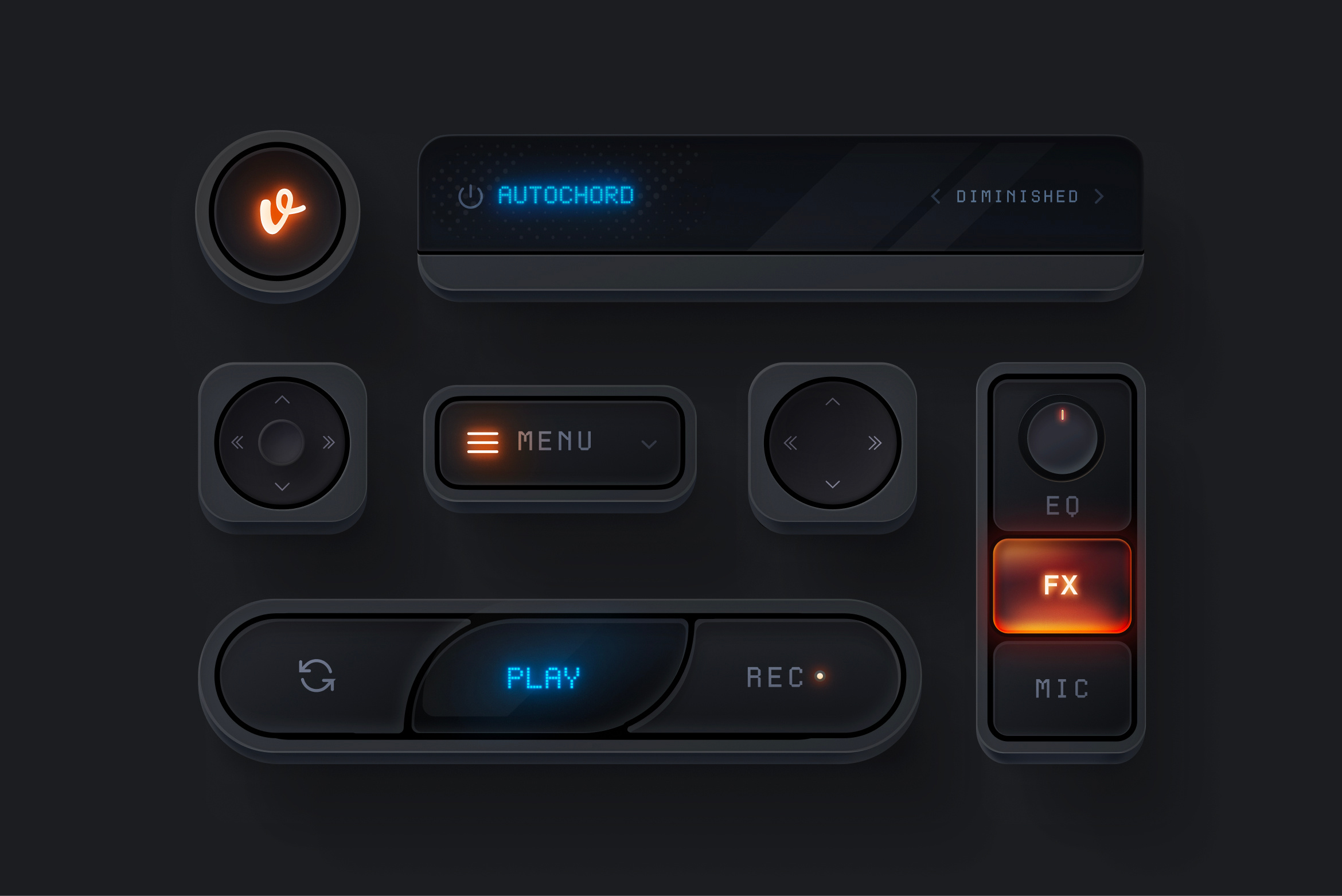 Dark Widgets UI Kit audio blue button dark dashboard figma flat glow hamburger joystick kit media mobile nav play profile social tabs ui widget