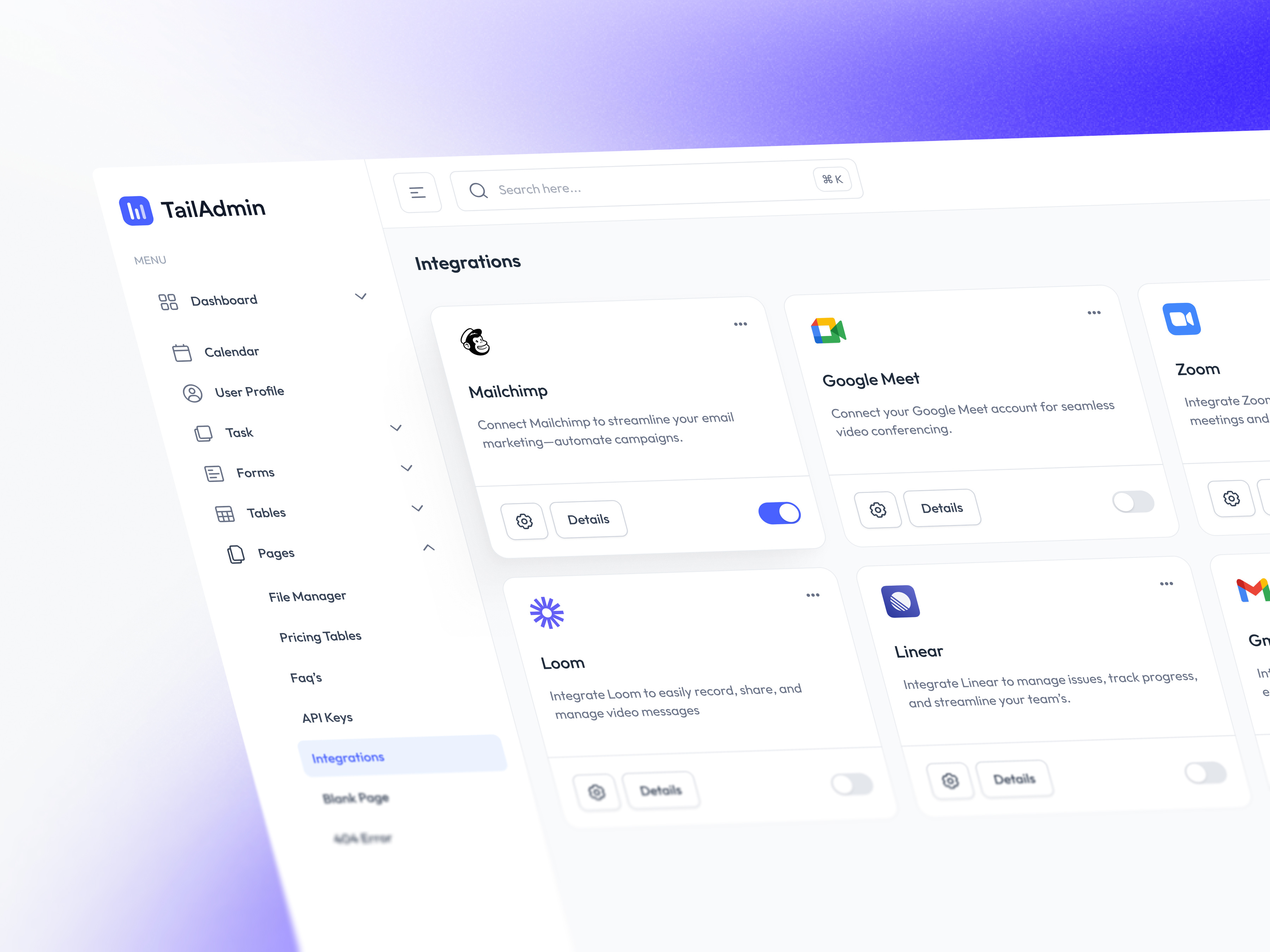 Integrations & workflows settings — TailAdmin admin dashboard dashboard integration page integration integration page integration setting integrations integrations workflows integrations settings modern dashboard modern integration settings ui workflows