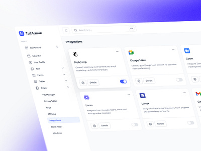 Integrations & workflows settings — TailAdmin admin dashboard dashboard integration page integration integration page integration setting integrations integrations workflows integrations settings modern dashboard modern integration settings ui workflows