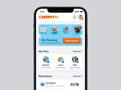 CarePetAI – Mobile App calorietracker designforpets figmadesign mobileappdesign nutritionapp petapp petcareapp pethealth pettracking uiuxdesign