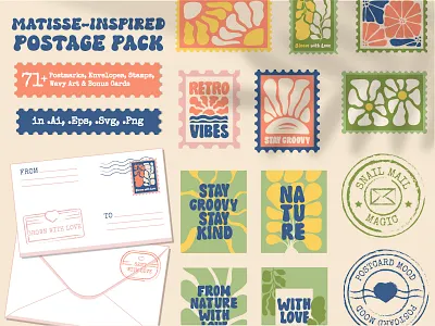Retro Botanical Postage Stamp Kit branding cards design envelope flat floral graphic design illustration mail desin matisse poscards postal postmarks stamps vector