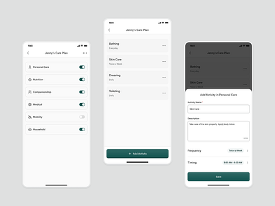 Personalized Care Plan — CareEase App UI activities overview activity breakdown activity flow addedit activity flow app ui bathing care categories care plan careease app ui companionship customize care elderly care plans medical modules personalize caregiving personalized care plan skin care